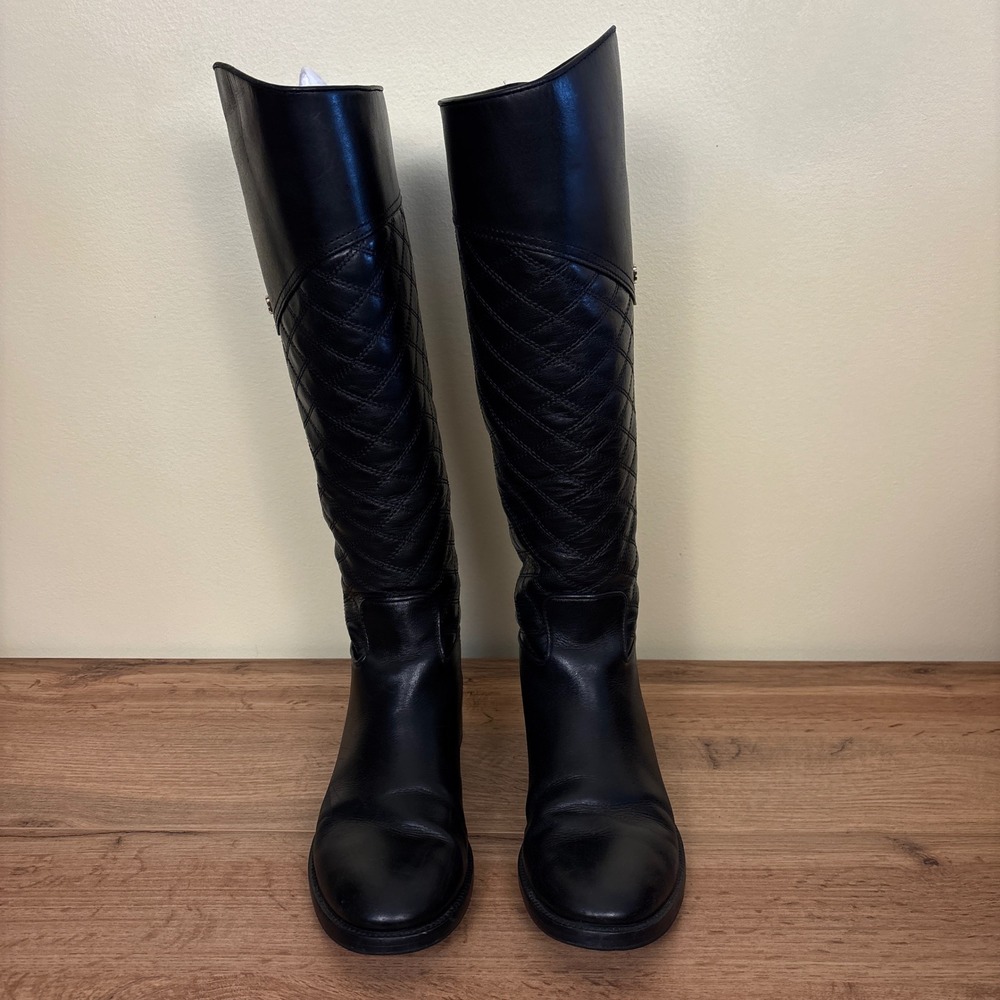 TORY BURCH Claremont Riding Boots Womens Black Size 8.5 Quilted Leather Back Zip - Picture 3 of 13